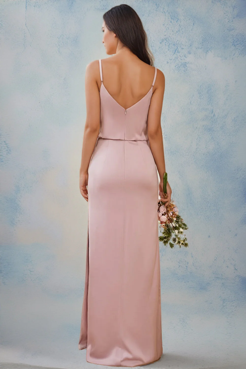 Spaghetti Straps Pink Long Bridesmaid Dress With Split - Image 4