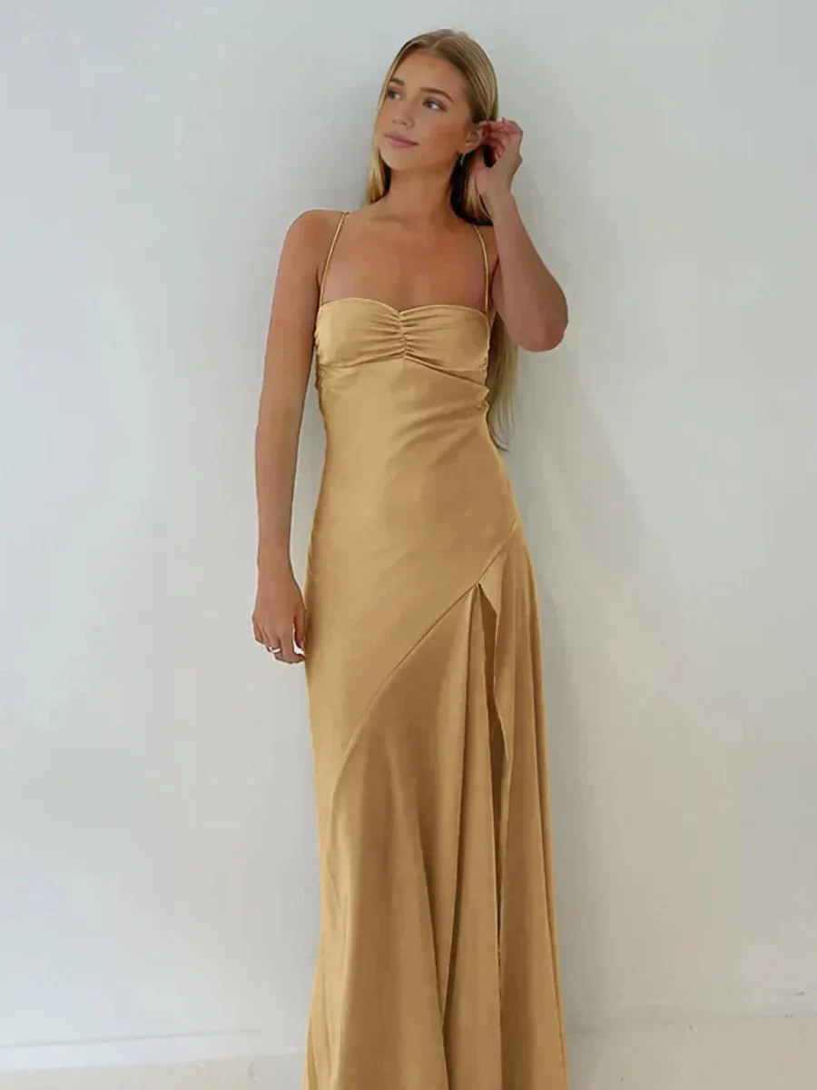 Spaghetti Straps Sheath Long Prom Dresses With Split - Image 10