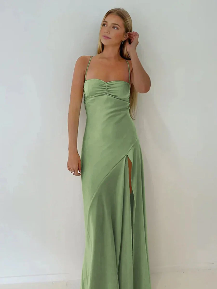 Spaghetti Straps Sheath Long Prom Dresses With Split - Image 11