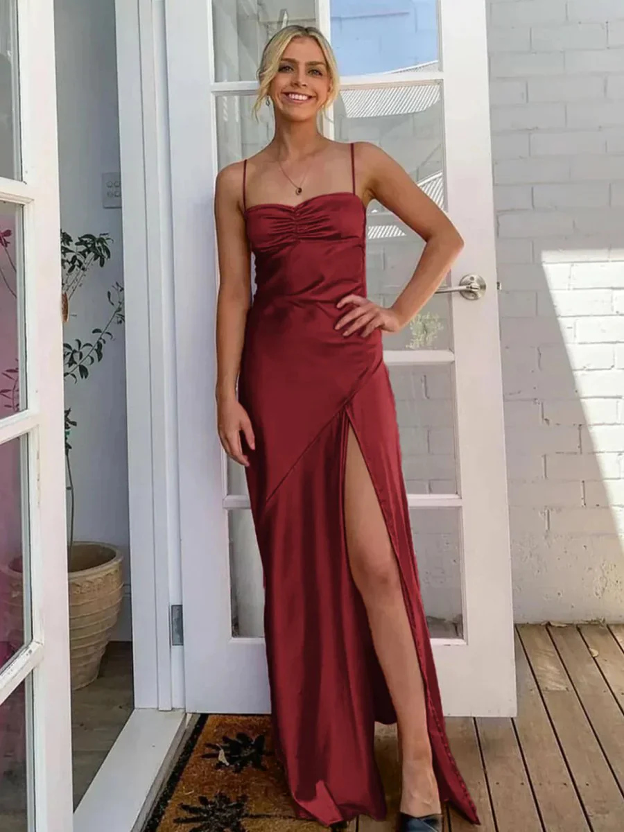 Spaghetti Straps Sheath Long Prom Dresses With Split - Image 14