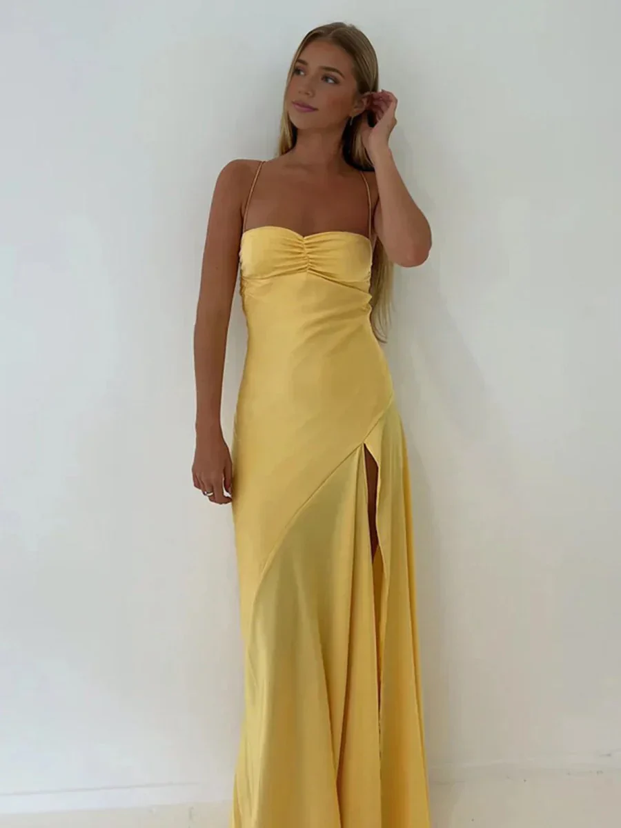 Spaghetti Straps Sheath Long Prom Dresses With Split - Image 3