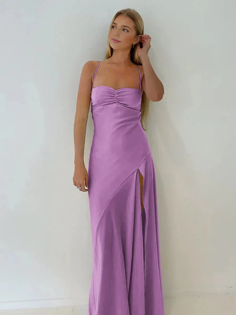 Spaghetti Straps Sheath Long Prom Dresses With Split - Image 4