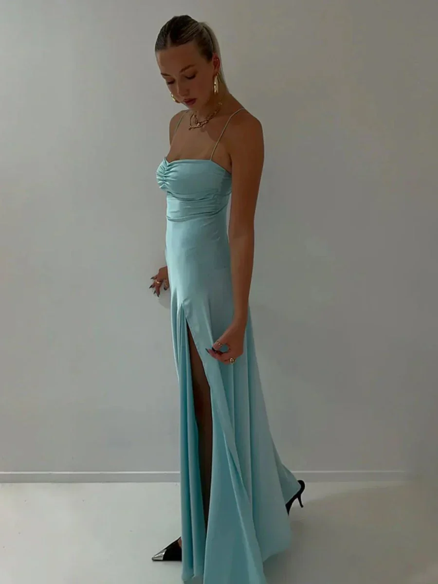 Spaghetti Straps Sheath Long Prom Dresses With Split - Image 5