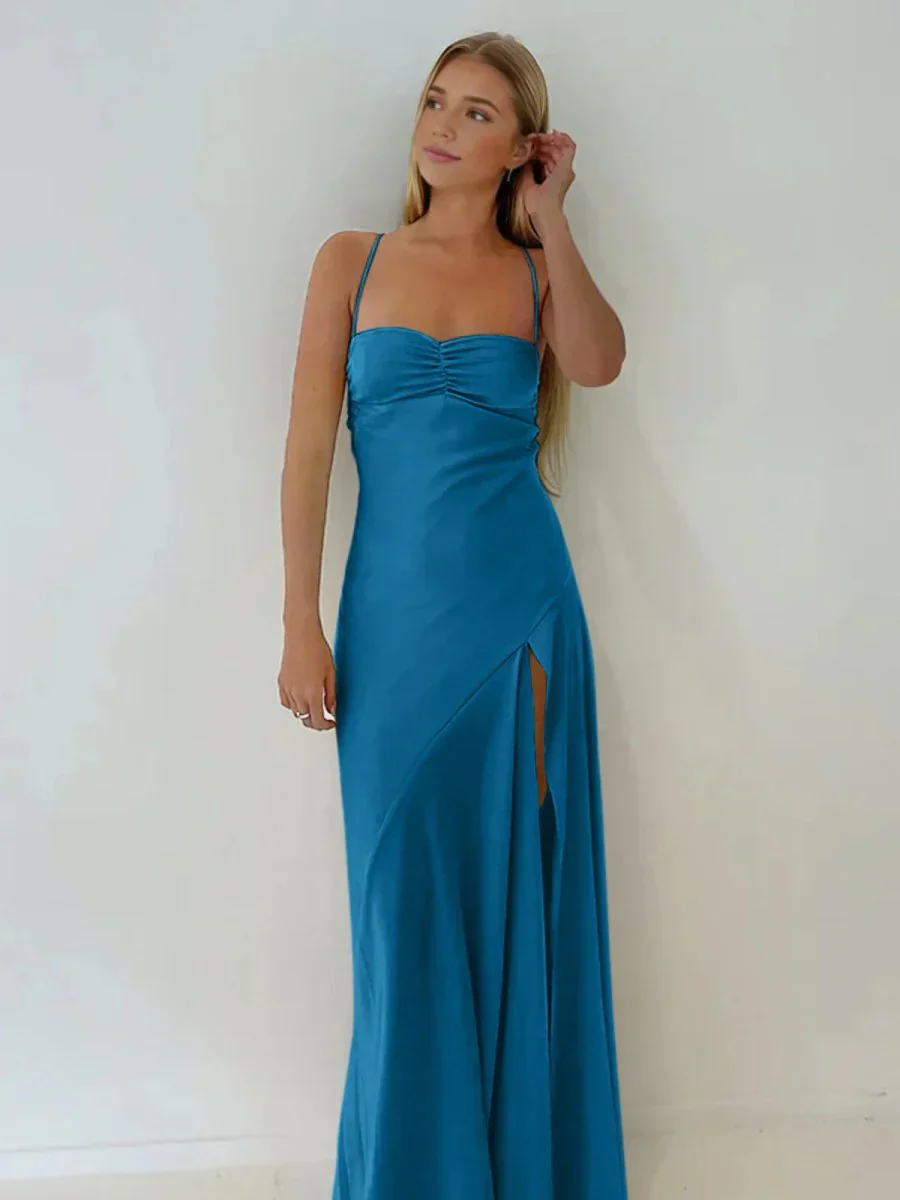 Spaghetti Straps Sheath Long Prom Dresses With Split - Image 8