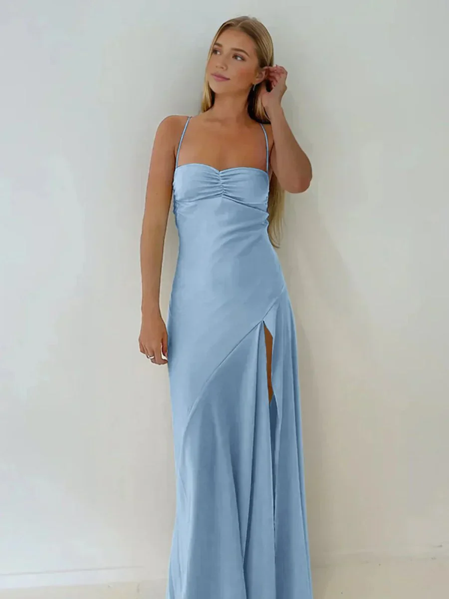 Spaghetti Straps Sheath Long Prom Dresses With Split - Image 9