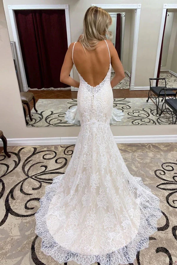 Spaghetti Straps Trumpet/Mermaid Lace Bridal Gonws Backless Wedding Dress - Image 2