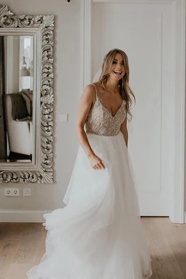 Spahetti Straps Full Beaded Bodice Wedding Dress with Sequin Net Wedding Dress