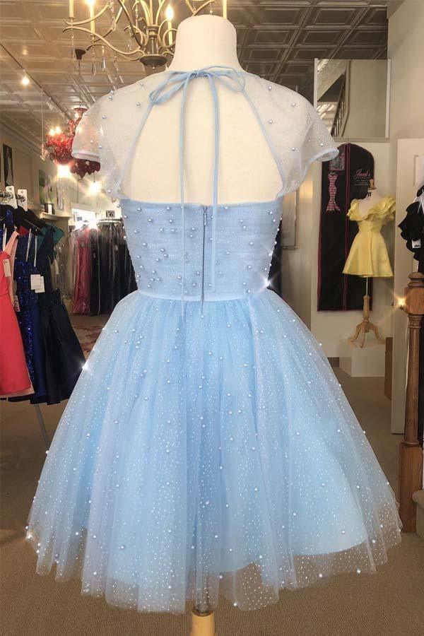 Sparkle Beaded Cap Sleeves Light Sky Blue Homecoming Dress PD314 - Image 2