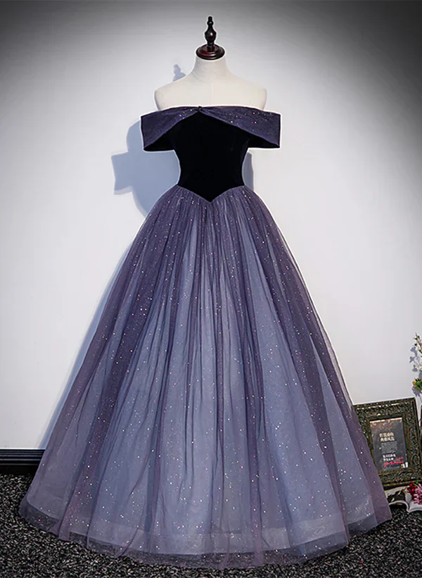 Sparkling Purple Gradient Tulle Off Shoulder A-line Purple Evening Dress Prom Dress