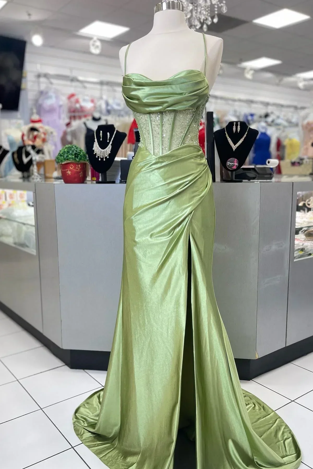 Hot Mermaid Spaghetti Straps Green Long Prom Dress with Criss Cross Back - Image 2