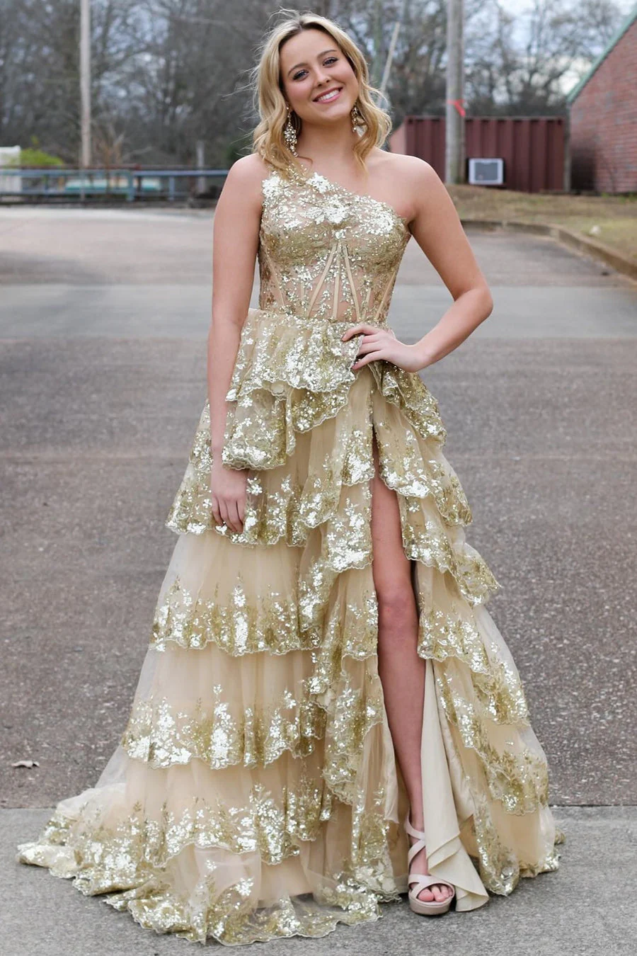 Sheath One Shoulder Tiered Lace Long Prom Dress - Image 12