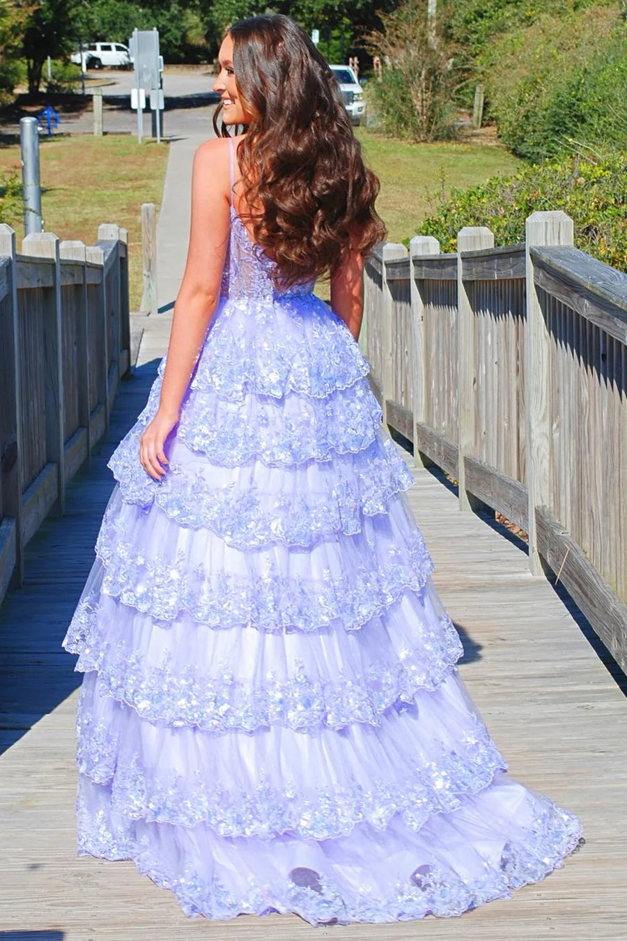 A Line Spaghetti Straps Tiered Lace Prom Dress - Image 10