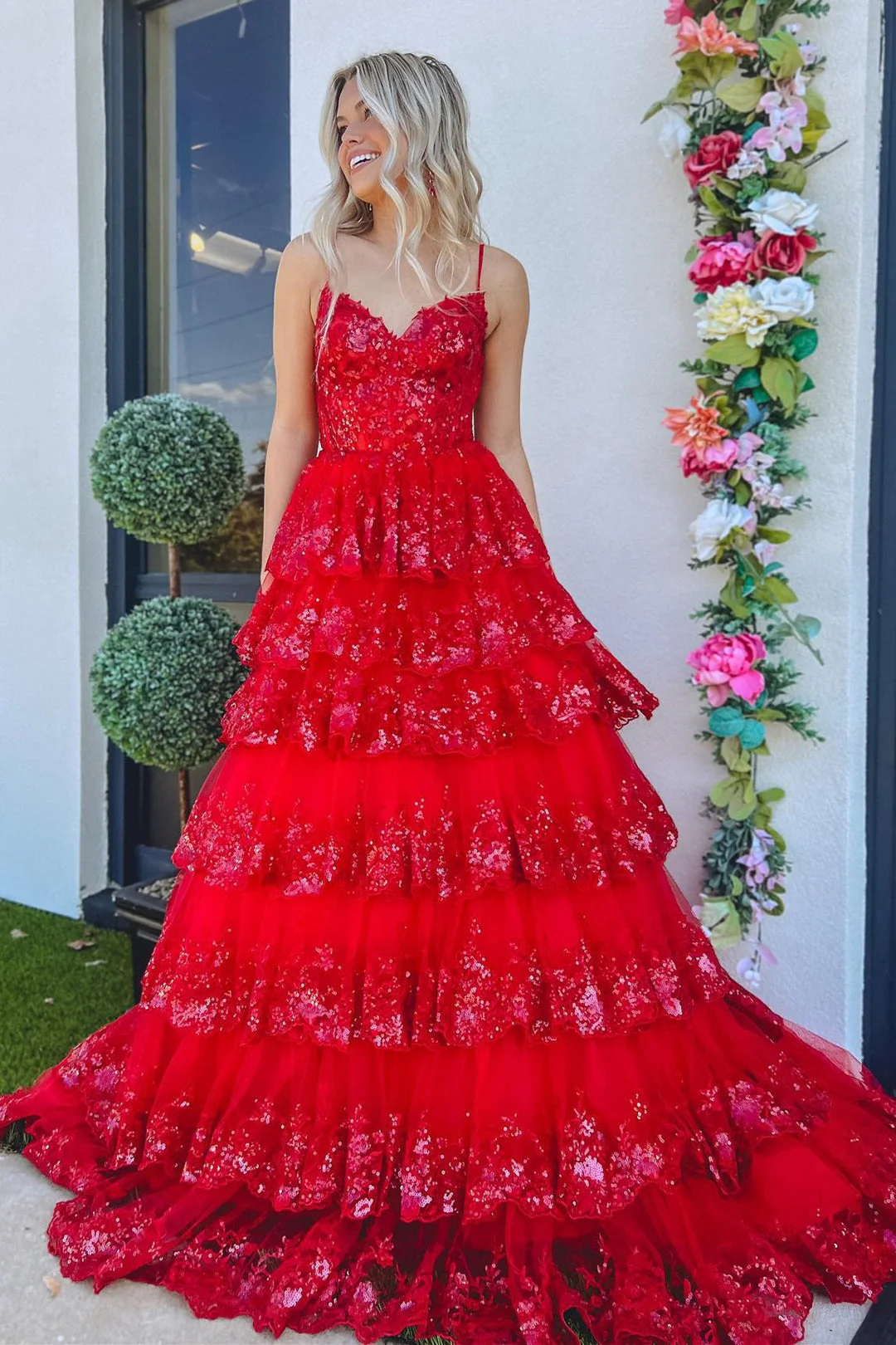 A Line Spaghetti Straps Tiered Lace Prom Dress - Image 11