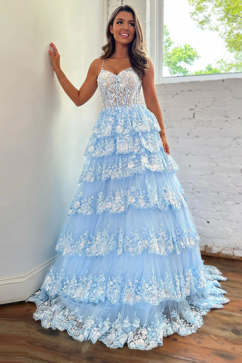 A Line Spaghetti Straps Tiered Lace Prom Dress - Image 3