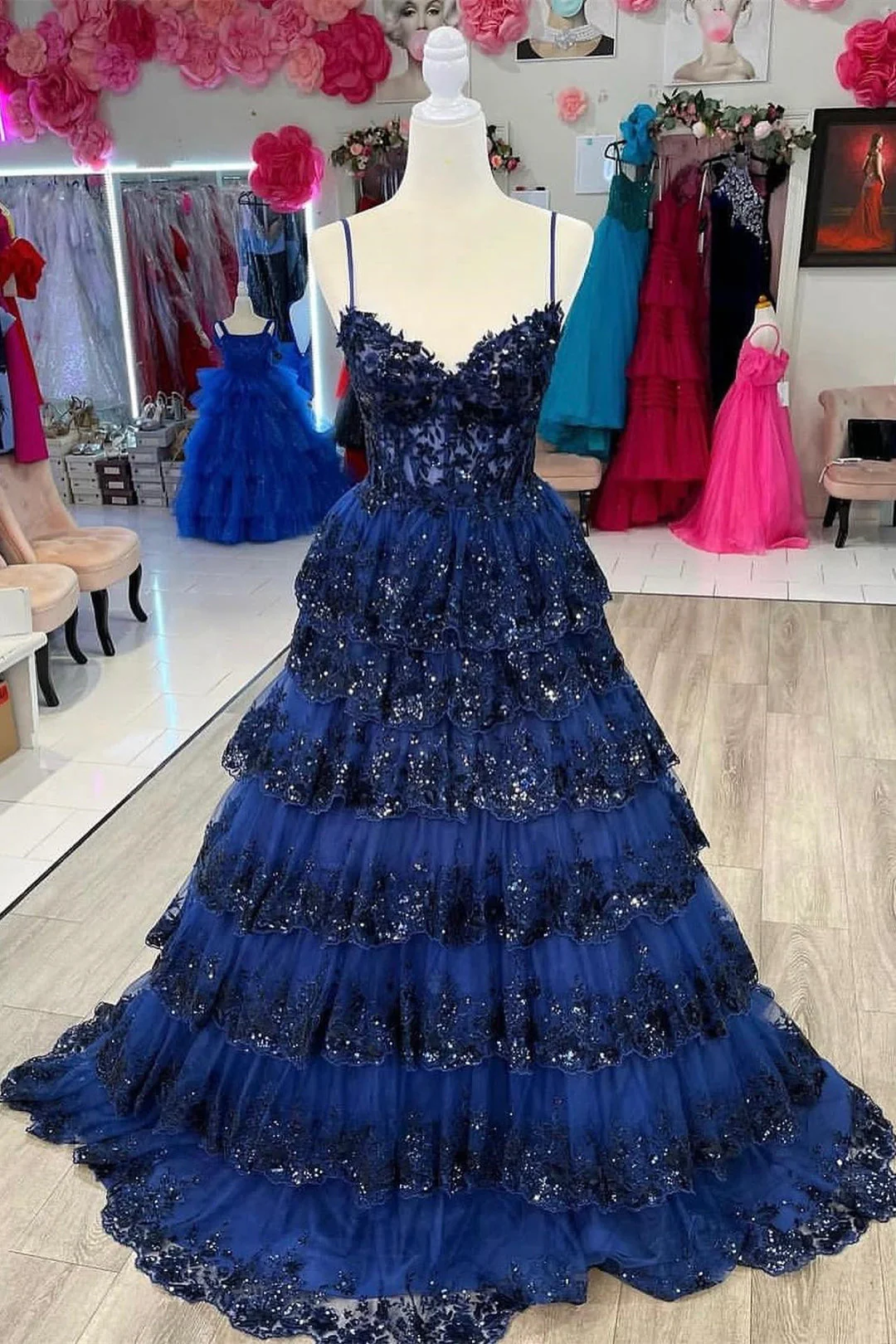 A Line Spaghetti Straps Tiered Lace Prom Dress - Image 4