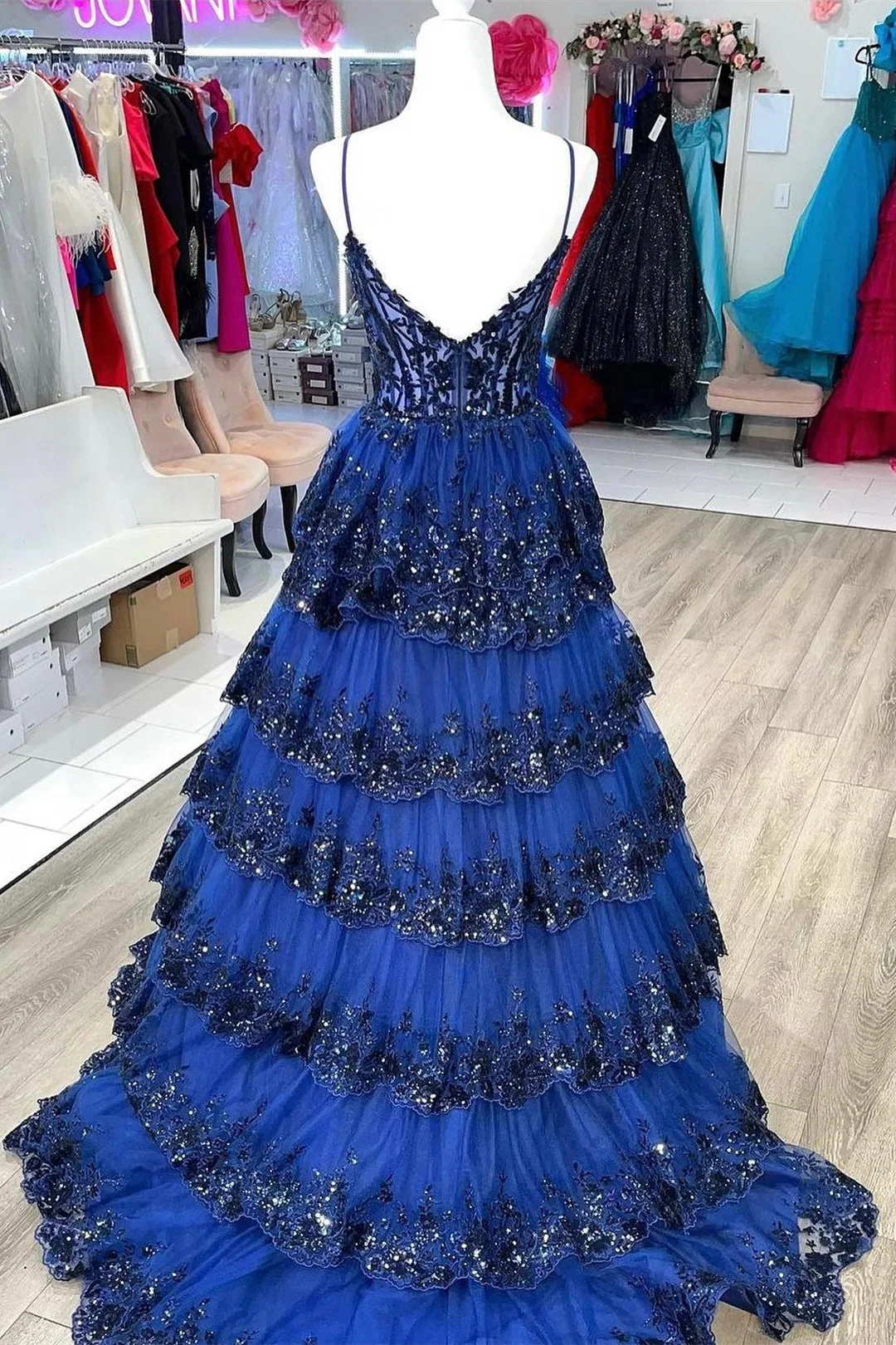 A Line Spaghetti Straps Tiered Lace Prom Dress - Image 5