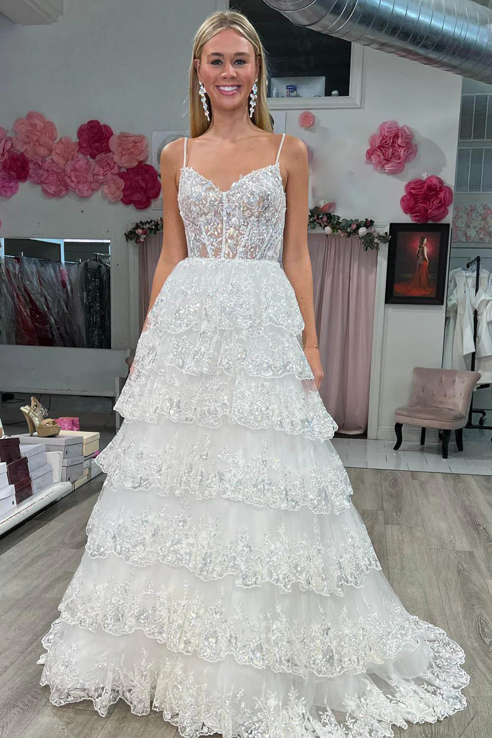 A Line Spaghetti Straps Tiered Lace Prom Dress - Image 7