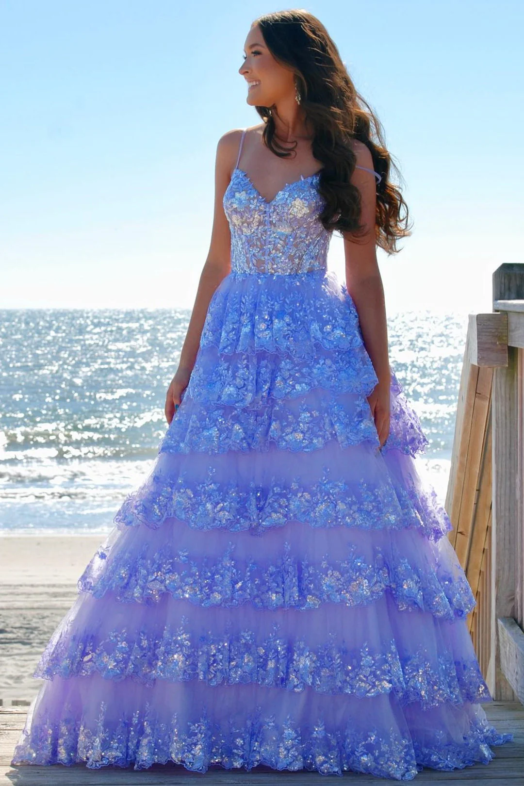 A Line Spaghetti Straps Tiered Lace Prom Dress - Image 9