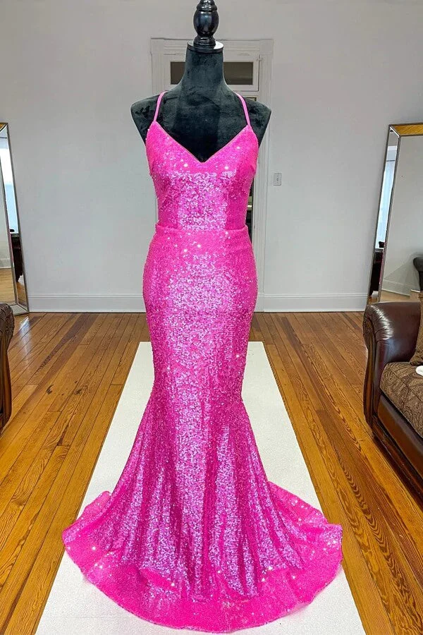 Sparkly Orange Sequins Mermaid V-neck Prom Dresses, Long Formal Dress, MP684 - Image 3