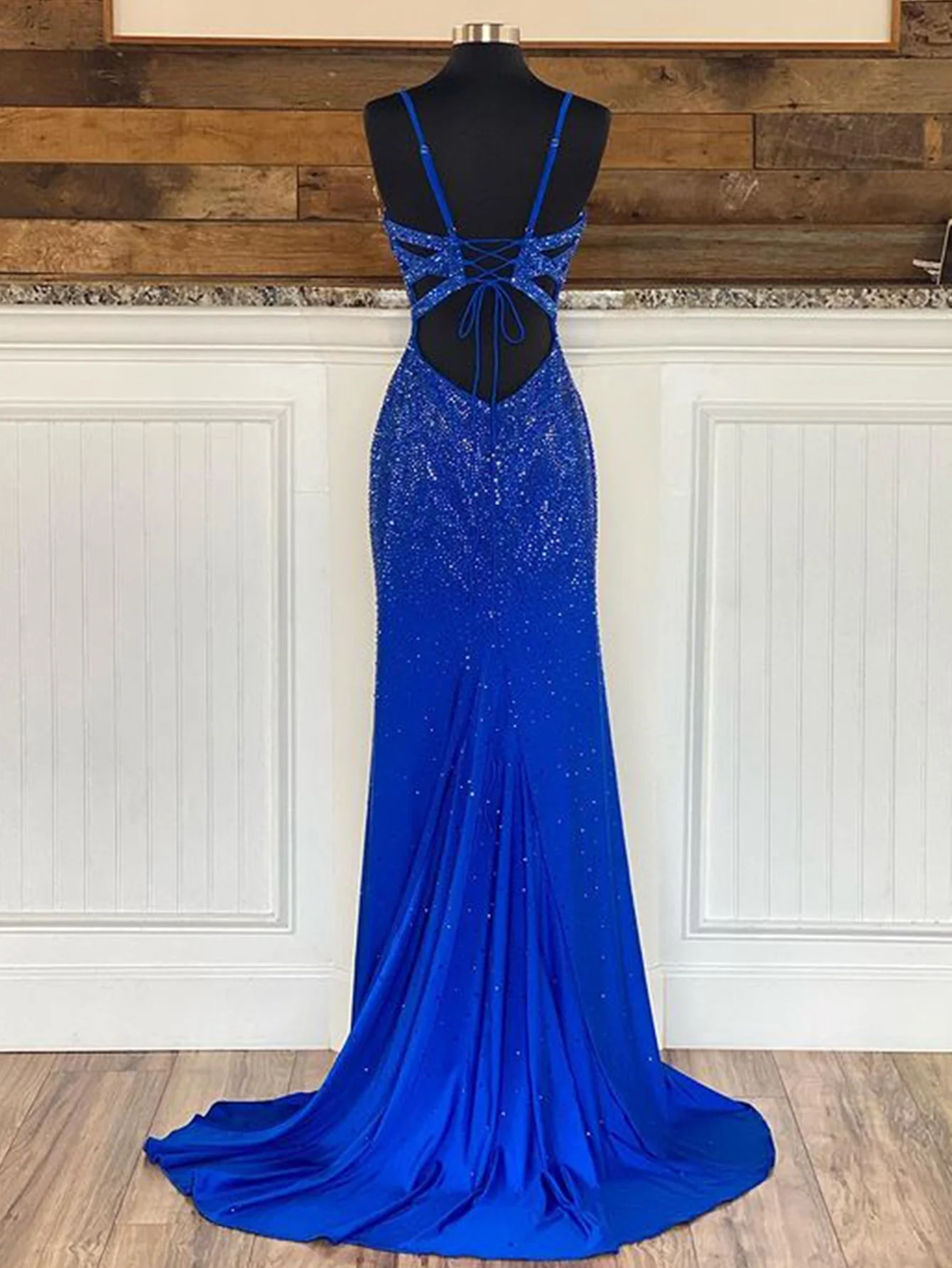 Mermaid V Neck Beaded Jersey Prom Dress with Slit - Image 2