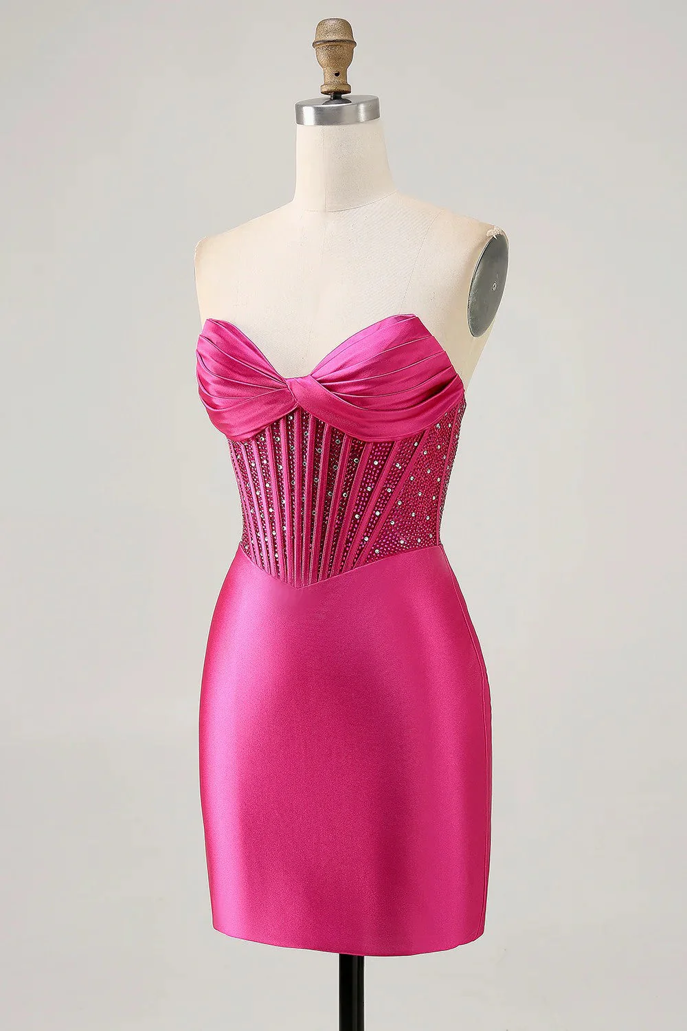 Sparkly Strapless Fuchsia Tight Corset Short Homecoming Dress - Image 2