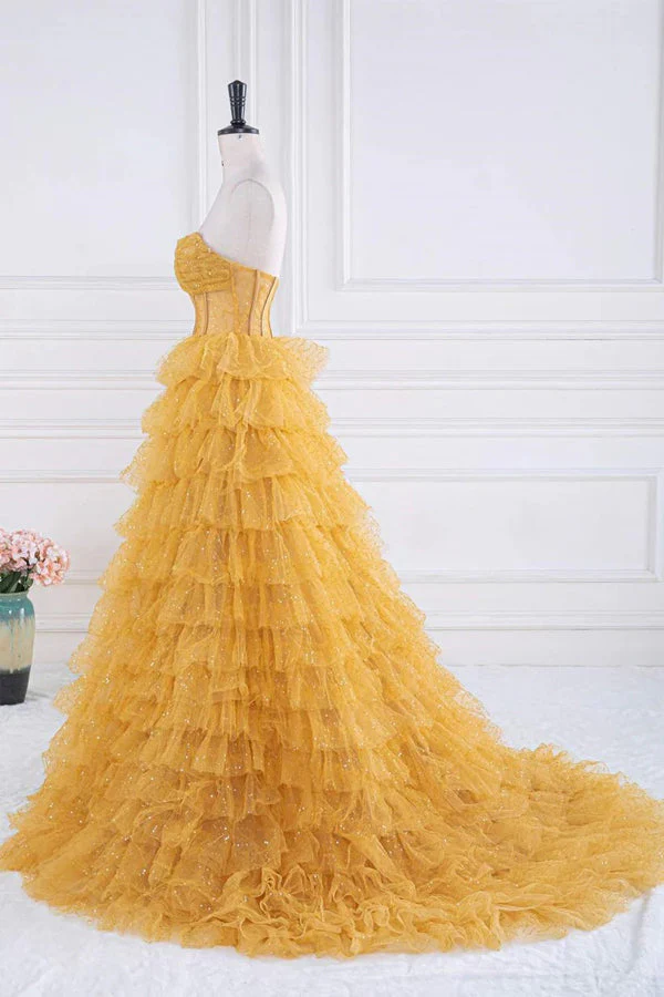 Sparkly Tiered Ruffles Gold Prom Dress Strapless Evening Dress - Image 3