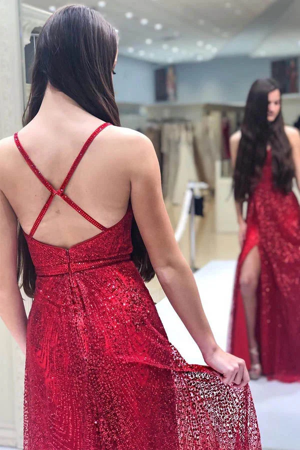 Sparkly V-neck Backless A-line Red Long Prom/Formal Dress With Split - Image 3