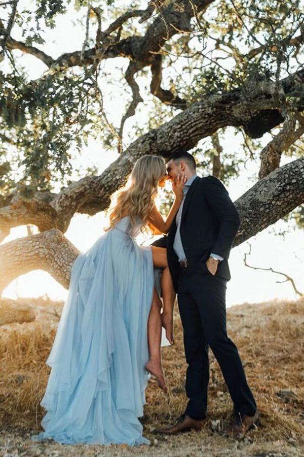 Split Sky Blue Rustic Wedding Dresses Beach Wedding Gown with Court Train WD289 - Image 2
