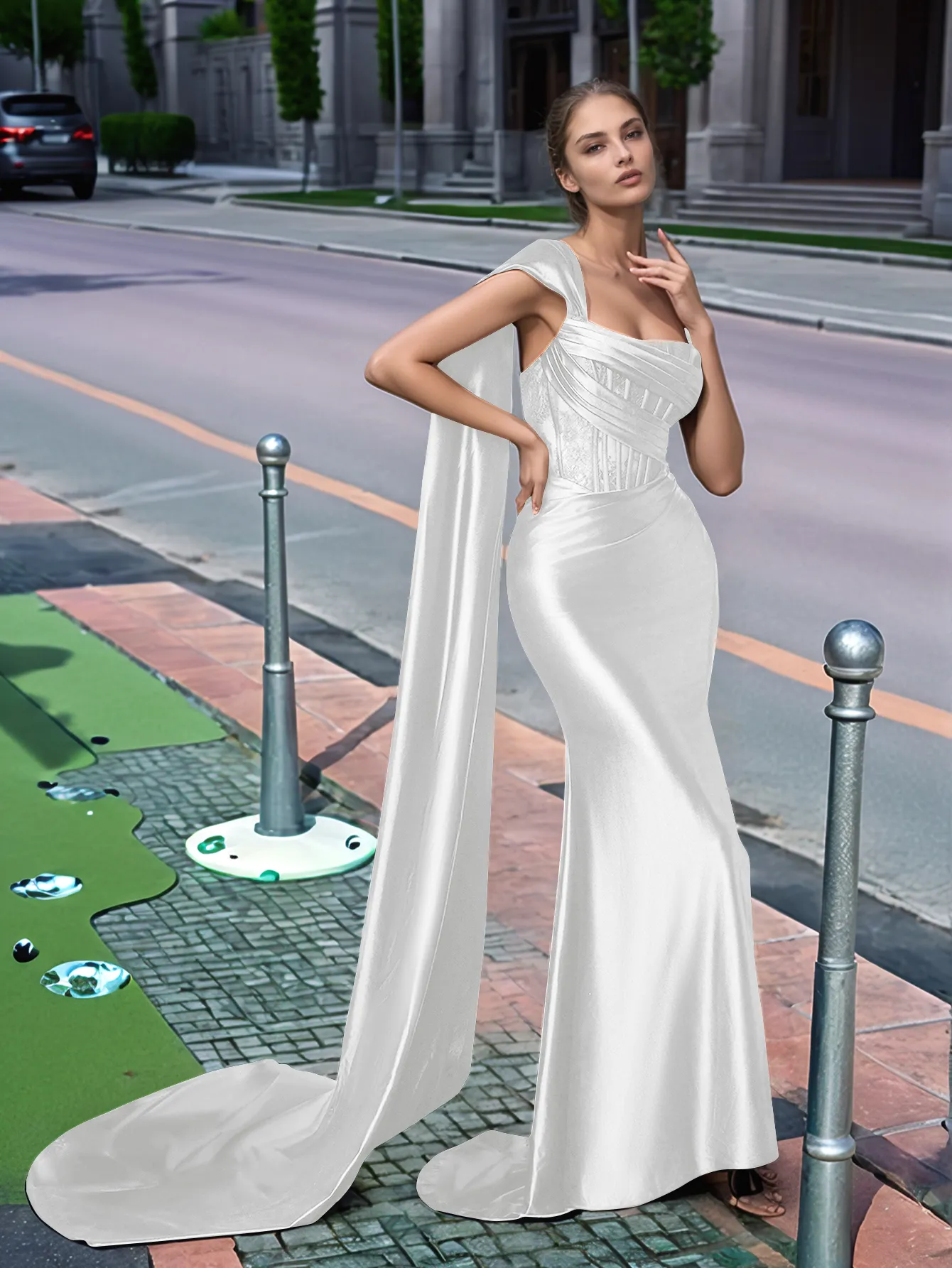 One Shoulder Lace Long Prom Dress With Drop Train - Image 2