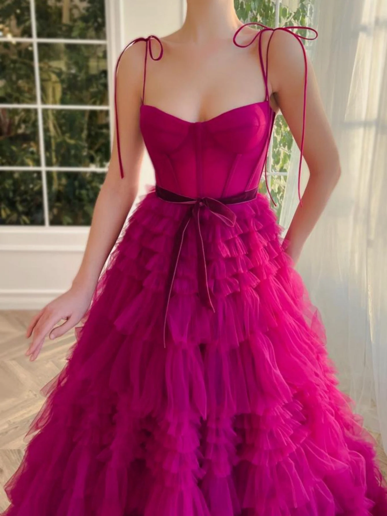 A Line Strapless Fuchsia Tiered Long Tulle Prom Dress - Image 3