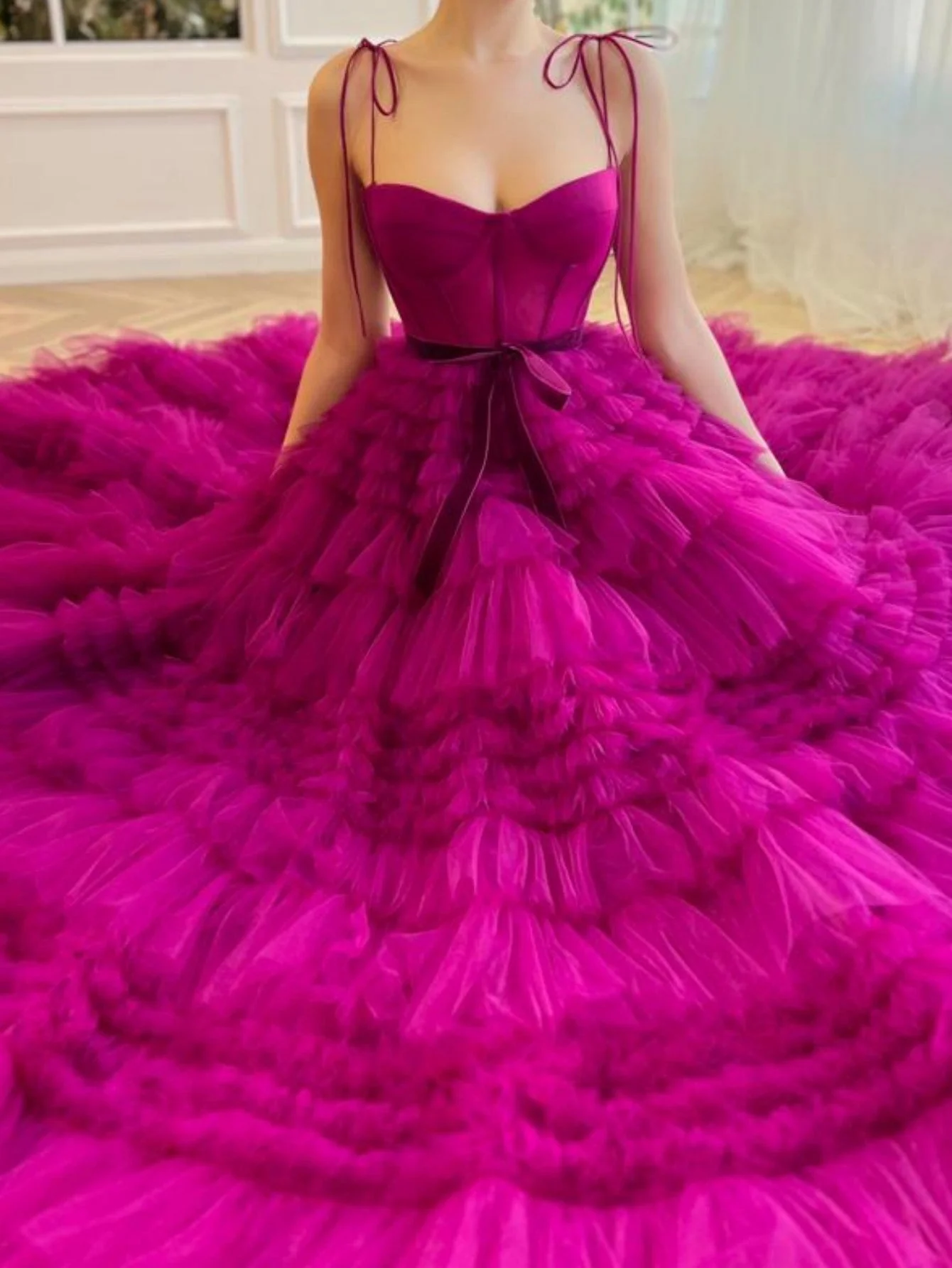 A Line Strapless Fuchsia Tiered Long Tulle Prom Dress - Image 4