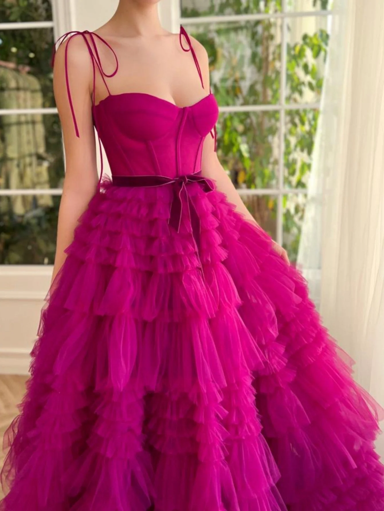 A Line Strapless Fuchsia Tiered Long Tulle Prom Dress - Image 5
