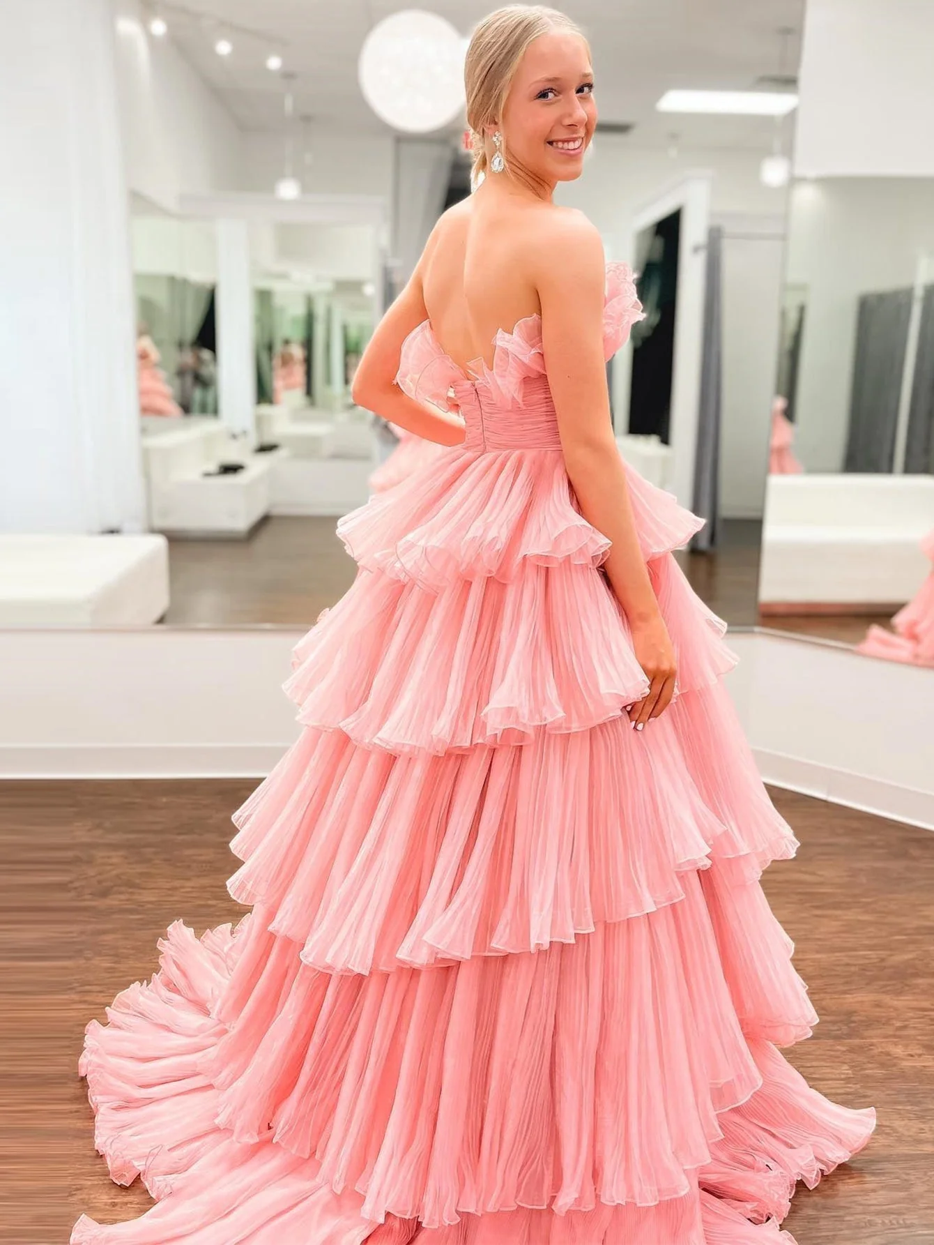 Strapless A-Line Tiered Crinkled Tulle Prom Dress - Image 11