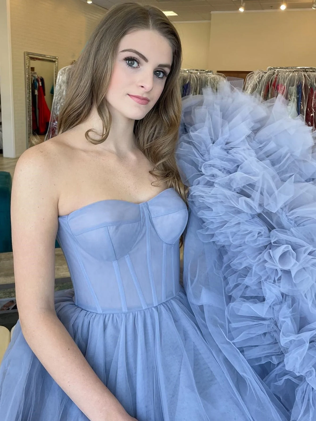 Strapless Blue A-Line Tiered Long Prom Dress - Image 2