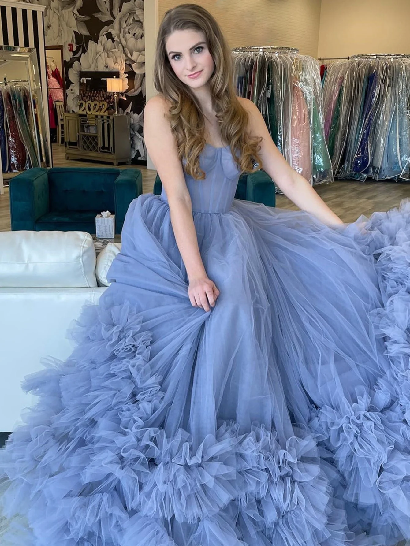 Strapless Blue A-Line Tiered Long Prom Dress - Image 3