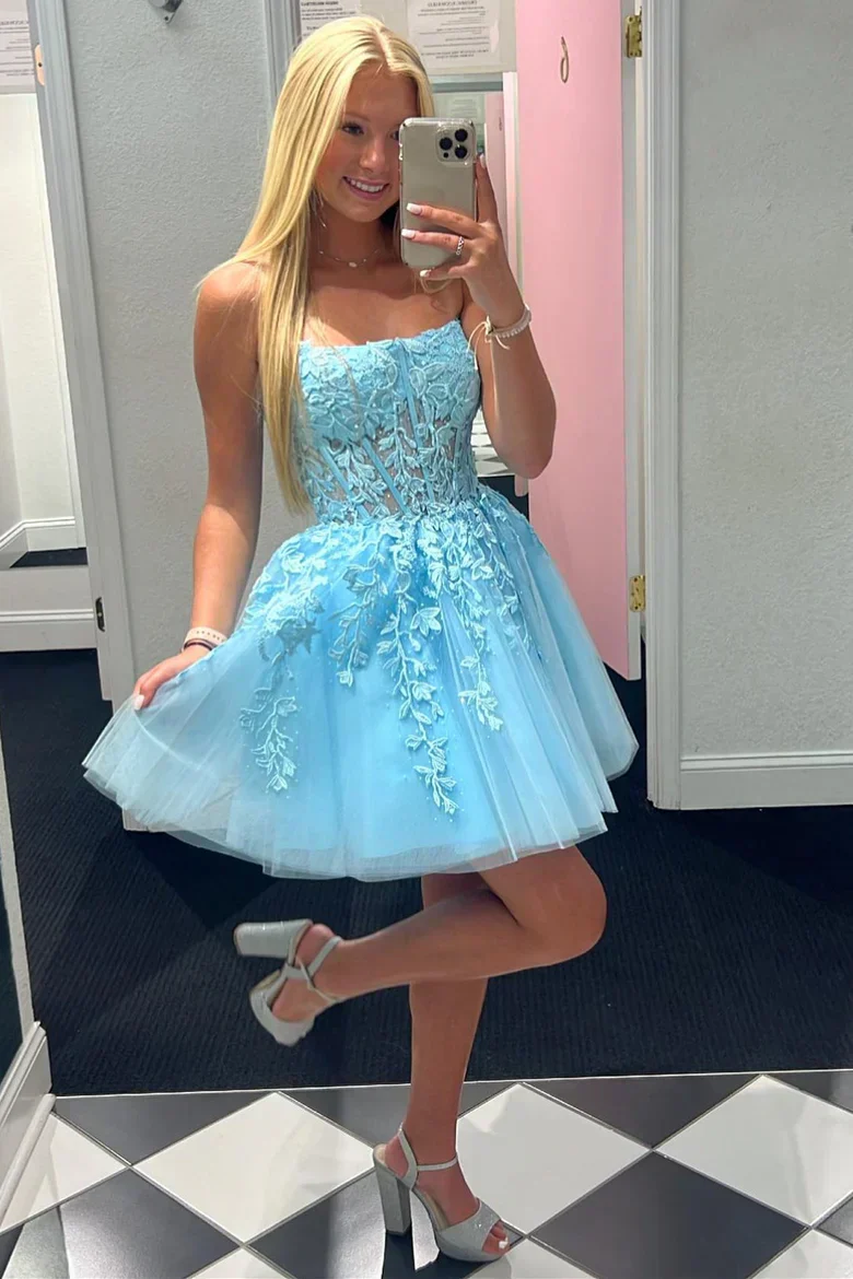 A-Line Tulle Lace Homecoming Dress with Appliques - Image 6