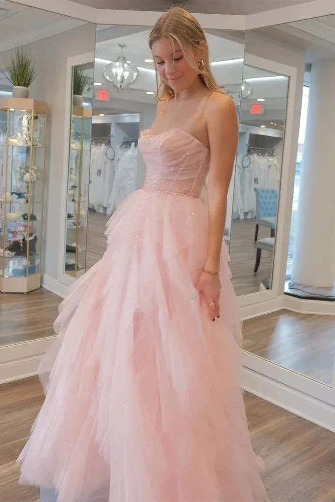 Strapless Light Pink Sequin Beaded Tulle Stunning Prom Dress - Image 3