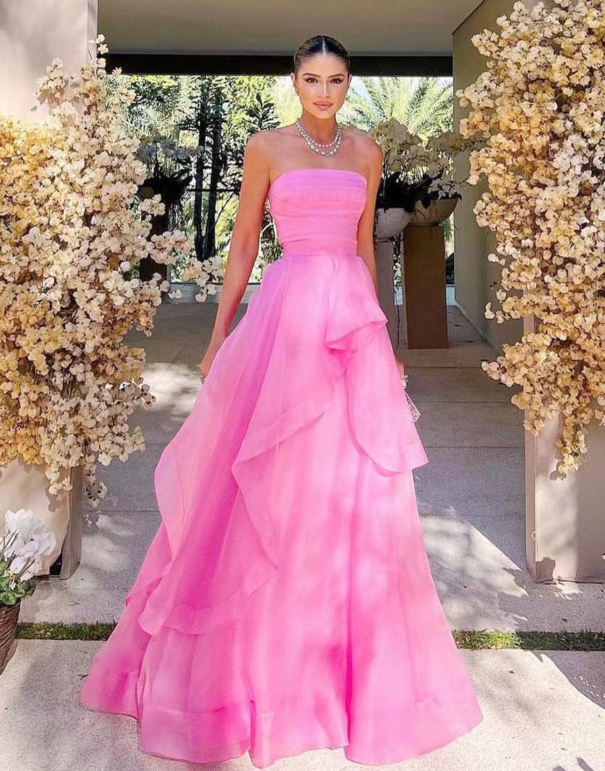 Light Pink A Line Strapless Organza Prom Dress - Image 2