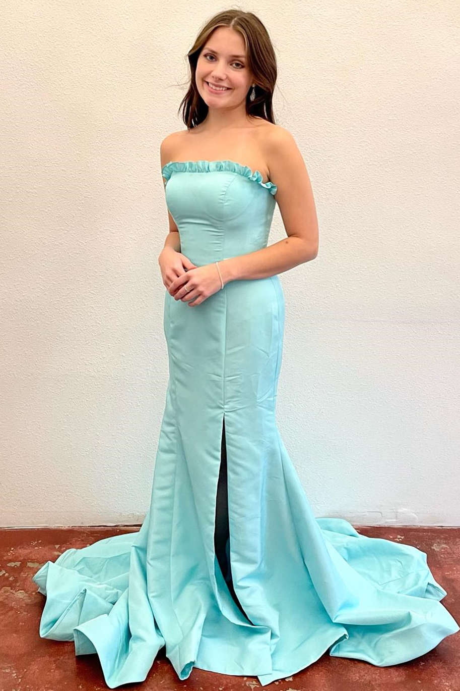 Strapless Maganta Ruffle Mermaid Slit Long Prom Dress - Image 3