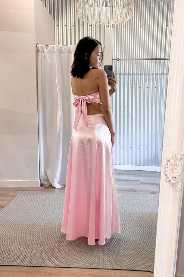 Strapless Pink Back Tie A-line Long Dress - Image 2