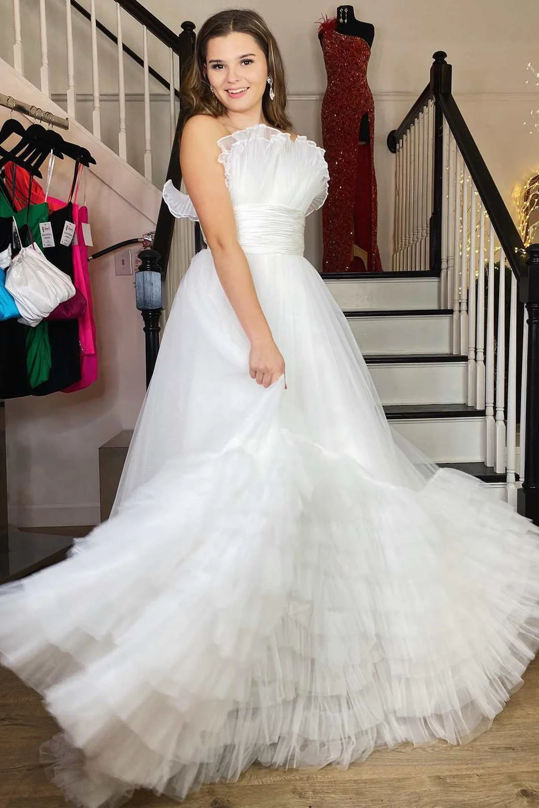 A-Line Strapless Pink Tiered Long Tulle Prom Dress - Image 8
