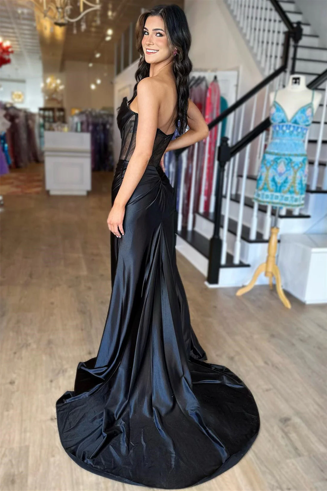 Strapless Pleated Boning Sheer Long Prom Dress with Slit - Image 2