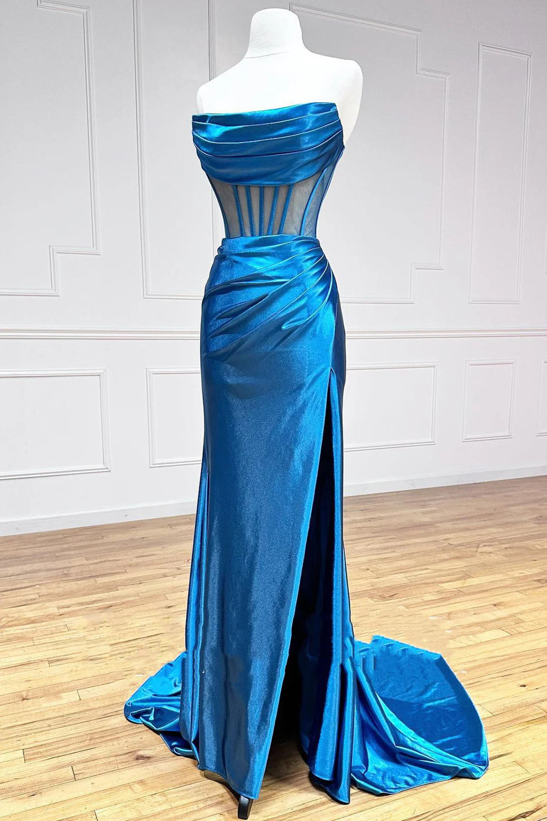 Strapless Pleated Boning Sheer Long Prom Dress with Slit - Image 5