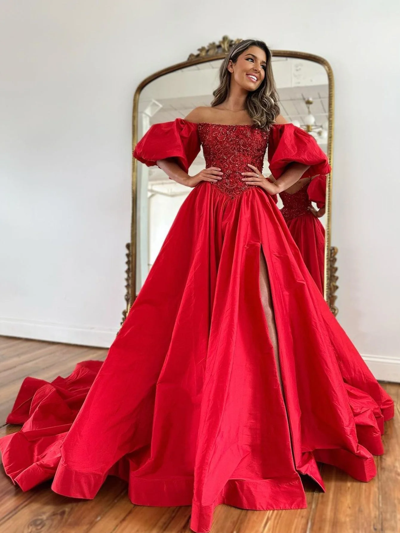 A-Line Off The Shoulder Taffeta Prom Dress With Short Puffy Sleeves - Image 3
