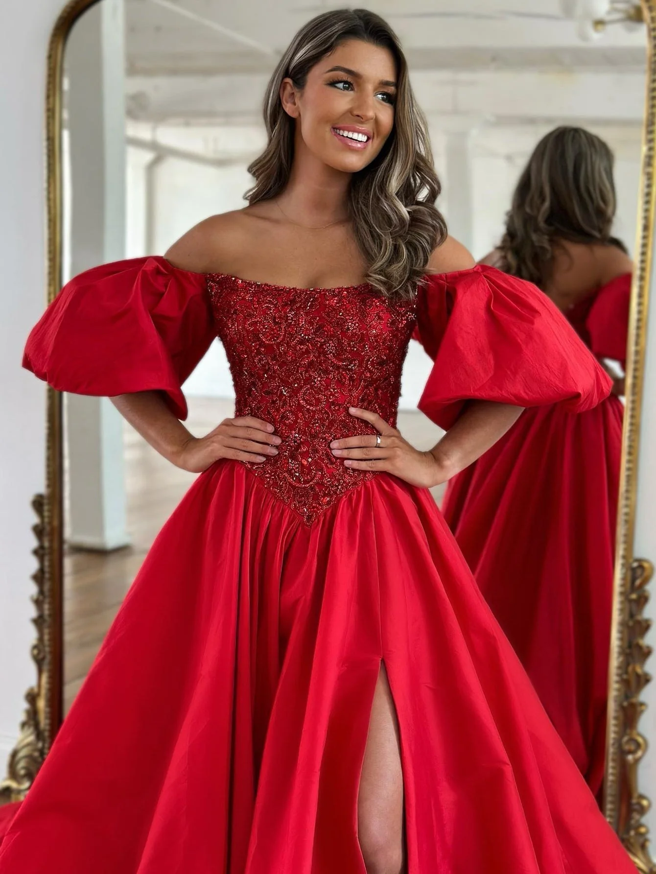 A-Line Off The Shoulder Taffeta Prom Dress With Short Puffy Sleeves - Image 4