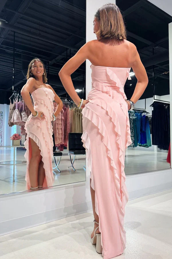 Strapless Ruffle Chiffon Pink Bridesmaid Dress with Slit - Image 3
