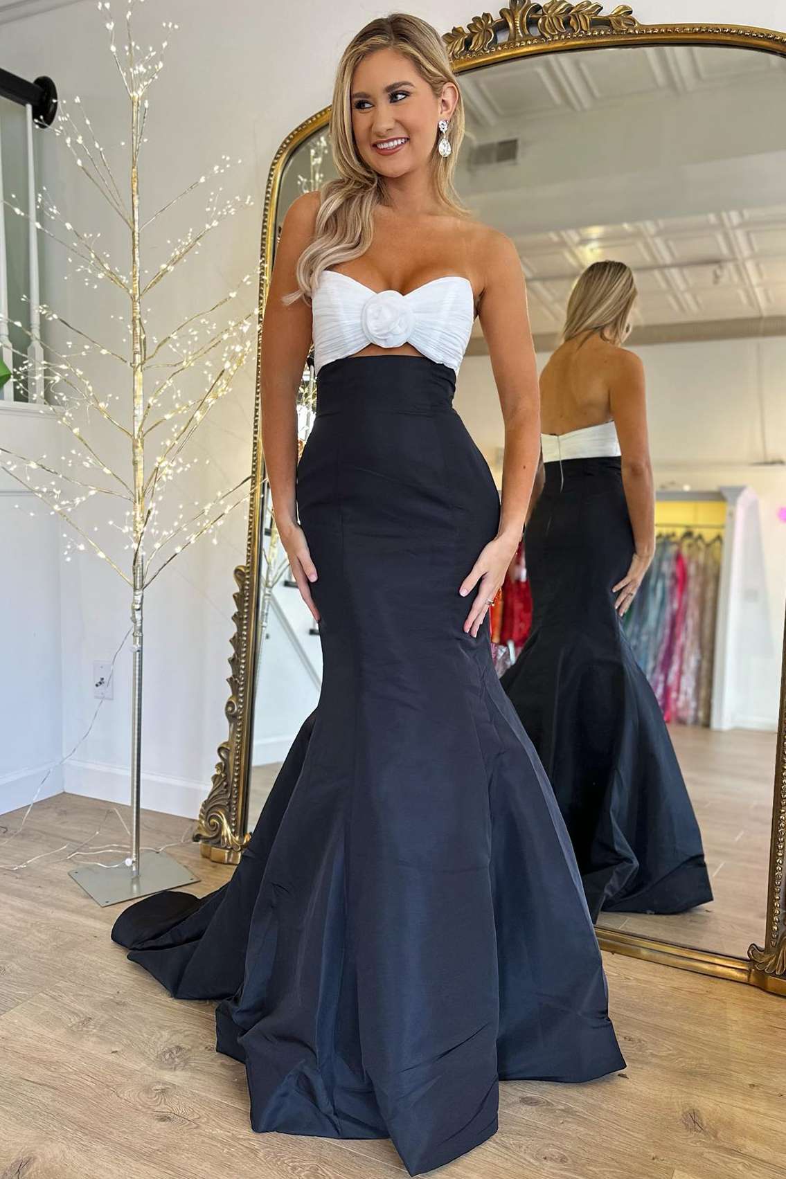Strapless White and Black Ruched Mermaid Prom Dress - Image 2