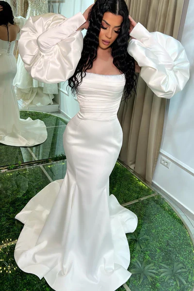 Strapless White Mermaid Prom Dress Lace-Up Back Detachable Sleeves - Image 4