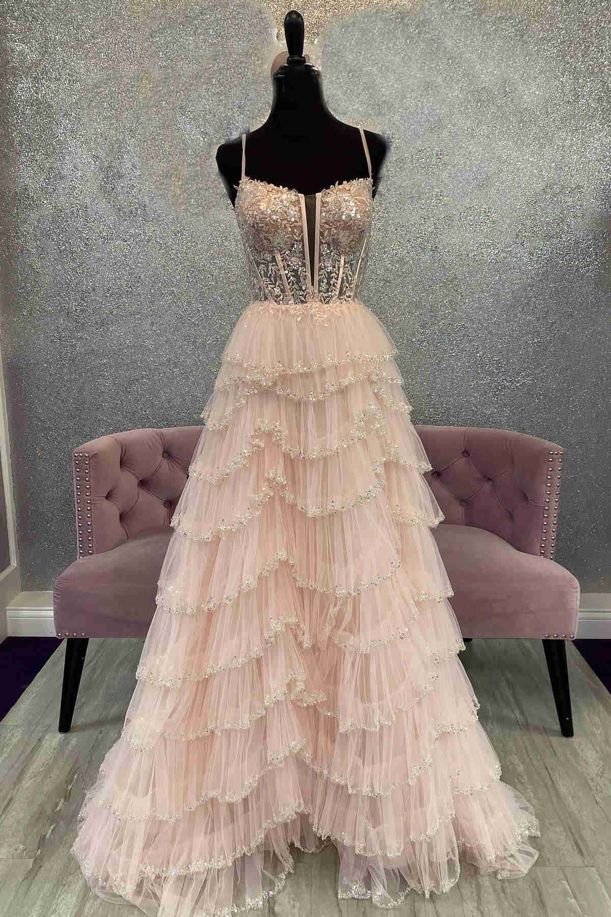 Straps Black Mesh Cutout Sequined Layered Long Prom Dress - Image 4