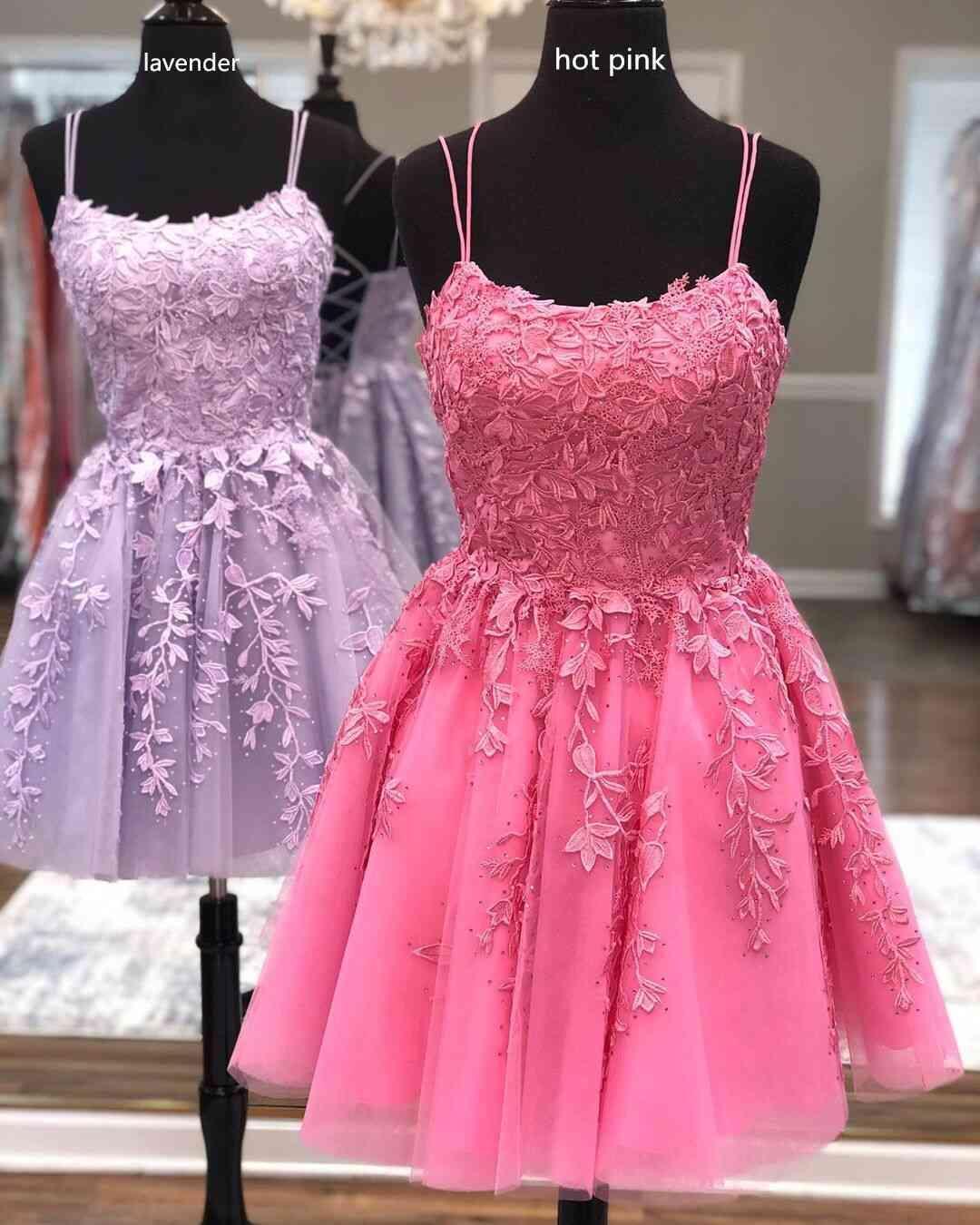 Straps Lace Applique Blue Homecoming Dress Short Prom Dress PD424 - Image 5